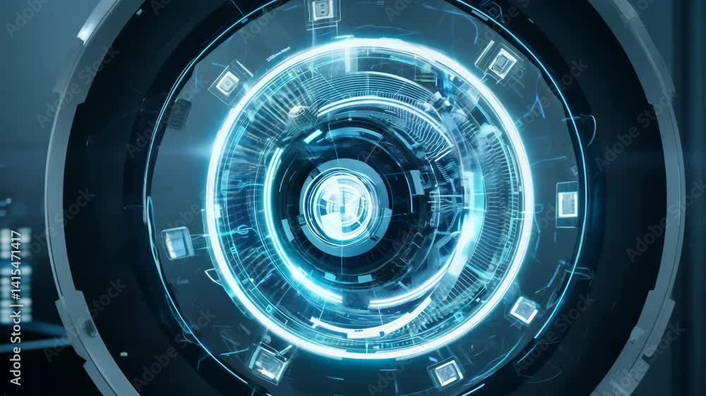 Futuristic blue energy core activation in spinning hightech interface sequence Futuristic blue energy core activation in spinning hightech interface sequence