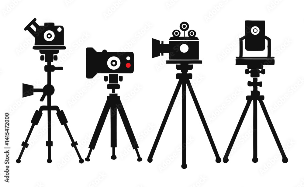 Obraz premium Digital Video Camera Tripod Silhouettes - Vector Collection of Camera Stand Icons and Tripod Designs