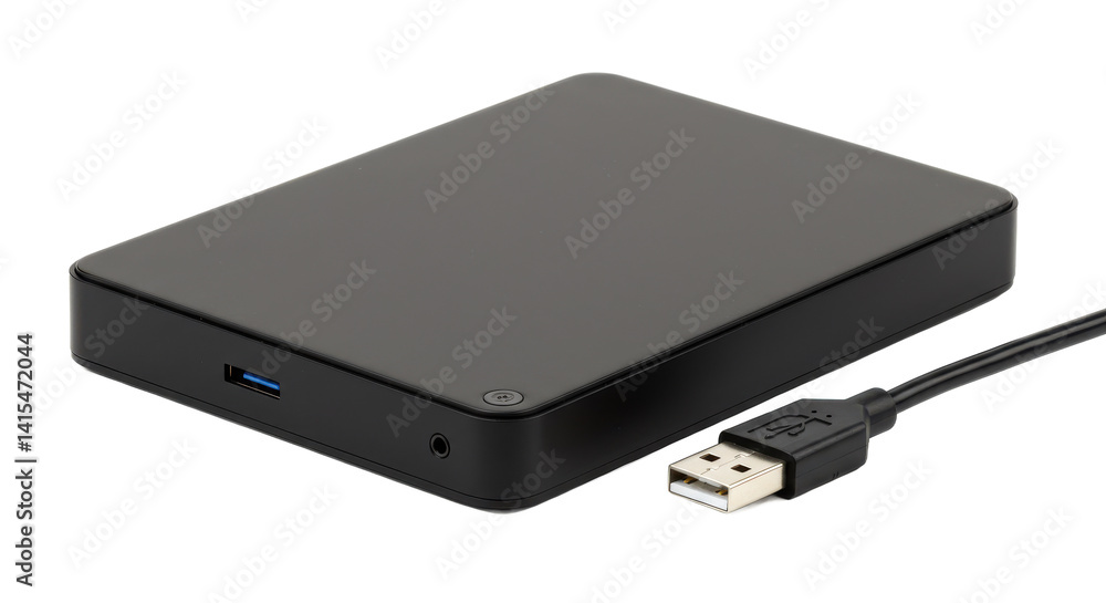Close up of a black external hard drive with a usb cable on a black background surface view Close up of a black external hard drive with a usb cable on a black background surface view