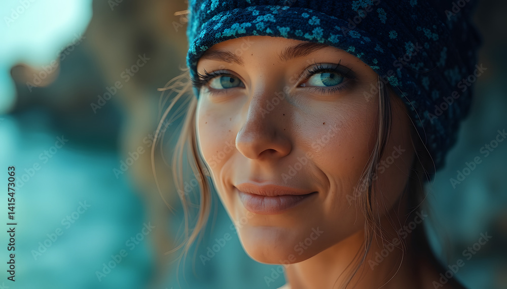 Fototapeta premium Self portrait: Woman after 30 years old, brown hair, blue eyes, radiant gentle smile, photorealistic portrait