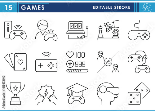 A set of line icons related to Games. Gamification, player, chess, card, casino, retro, console, and so on. Vector editable stroke.