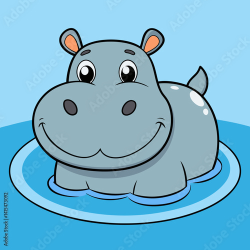 "Hippopotamus in the Water Vector Illustration – Flat Cartoon Hippo Swimming in River Scene"