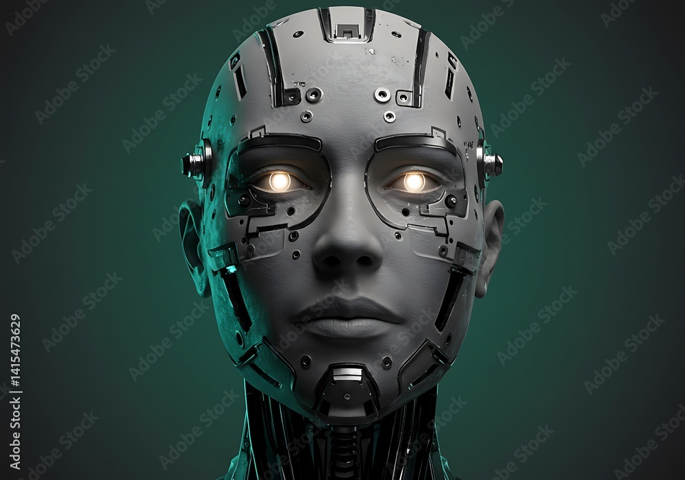 Intricate metallic cybernetic portrait with illuminated eyes, showcasing advanced AI Intricate metallic cybernetic portrait with illuminated eyes, showcasing advanced AI