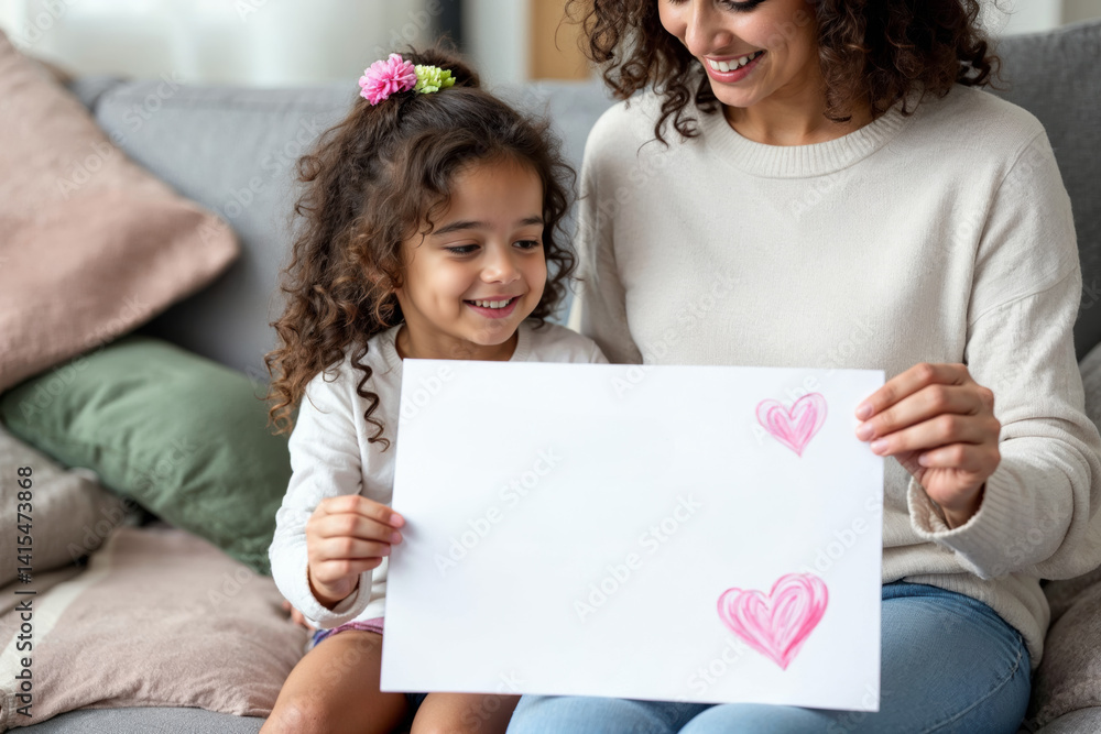 Mother and daughter sharing a creative moment with artwork on a cozy couch Mother and daughter sharing a creative moment with artwork on a cozy couch