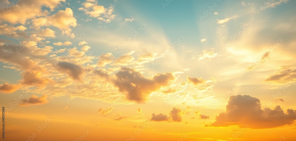 Obraz premium Vast, clear summer sky; sunset hues paint soft yellow and white clouds, atmosphere, cirrus