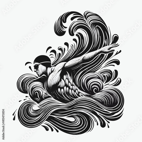 Stylized swimmer in dynamic waves, showcasing athleticism in a black and white artistic design
