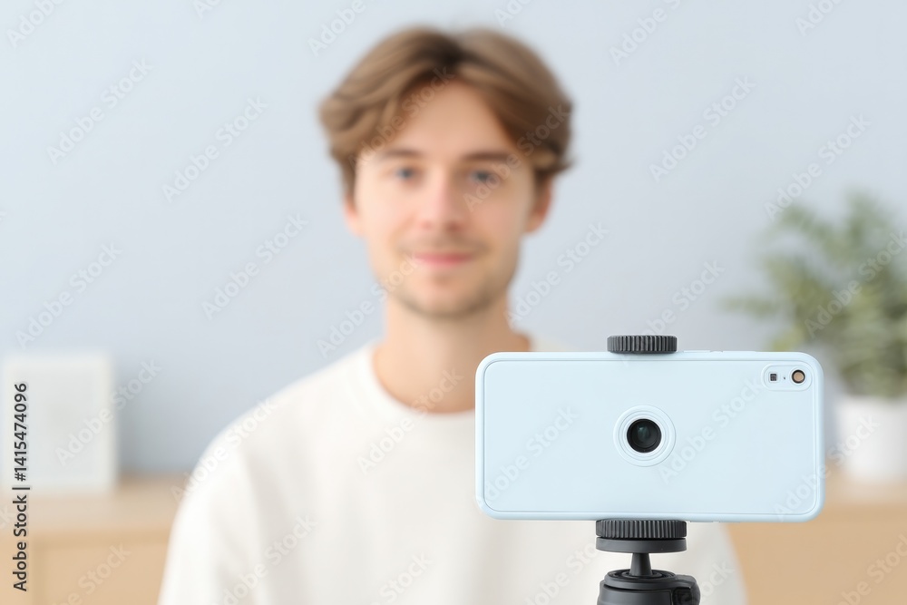 Naklejka premium young creator filming video with smartphone on tripod minimalistic room setup clean background
