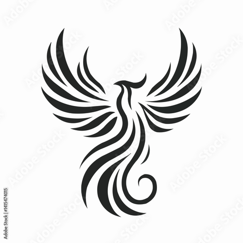 Stylized phoenix rising, represented with elegant lines in a black and white minimalist design

