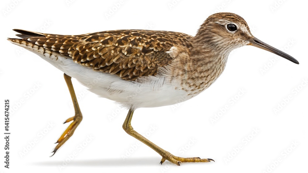 Obraz premium The wood sandpiper walks in profile against a clean white backdrop, showcasing its features.