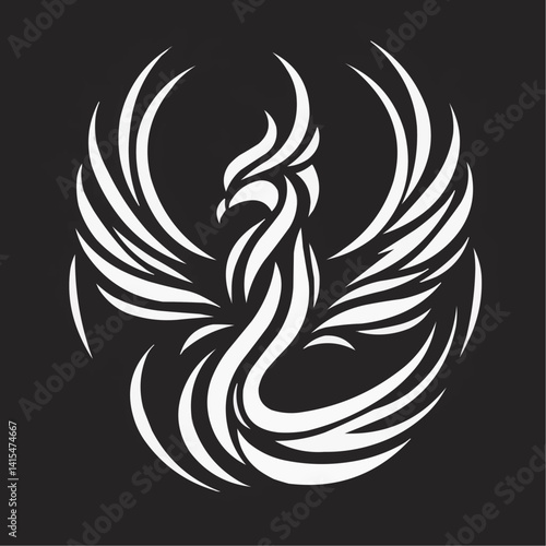Stylized phoenix with elegant wings in a black and white design, symbolizing rebirth and strength