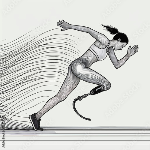 Determined woman running with a prosthetic leg, emphasizing speed and strength, dynamic lines