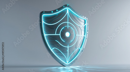 A futuristic shield, glowing with cyan energy, stands as a symbol of unwavering digital protection against cyber threats, reflecting strength and resilience in a minimalist, clean design.