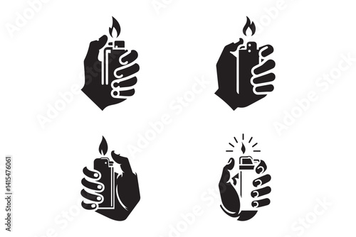 Set of hand holding lighter vector silhouette. Holding lighter icons.