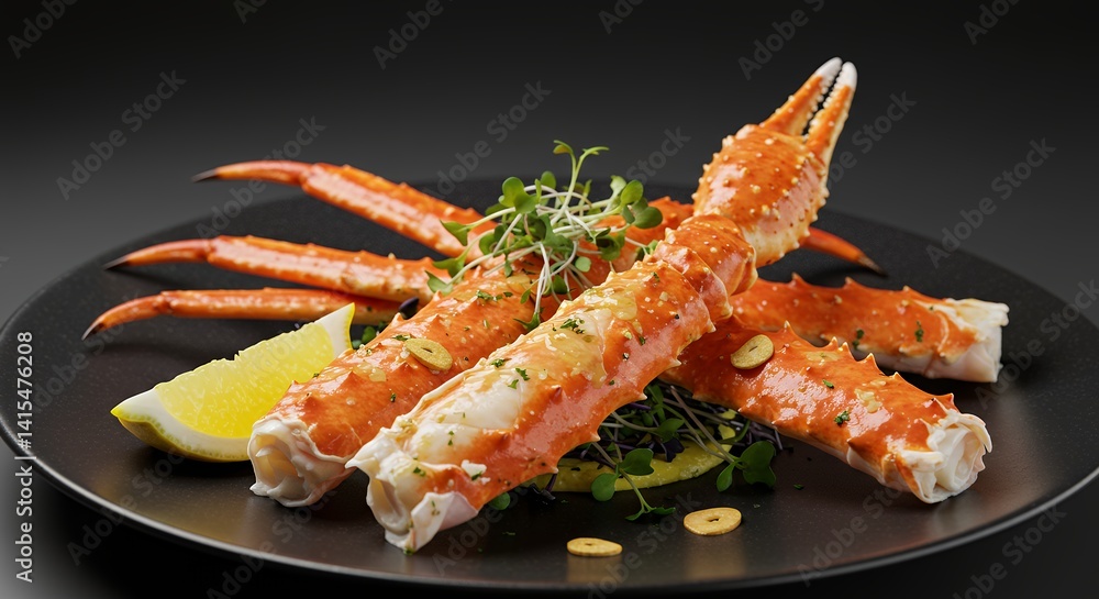 Serving of Fresh King Crab Legs with Lemon and Microgreens Serving of Fresh King Crab Legs with Lemon and Microgreens