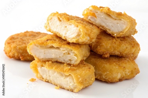 Golden, Crispy Chicken Nuggets: Close-Up Shot of Delicious Breaded Bites Isolated on a Pure White Background, Perfect for Restaurant Menus, Food Blogs, Packaging, and Advertising Campaigns.           