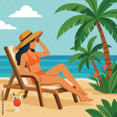 Summer beach scene with woman sunbathing in a lounger under palm trees by the sea, enjoying a tropical vacation with a cocktail.