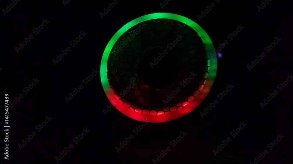 Rotating RGB Color Cycle Animation of a cooling fan on black background