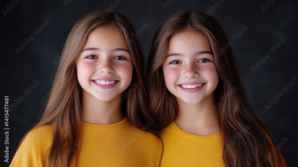 Smiling twin girls in yellow shirts Smiling twin girls in yellow shirts