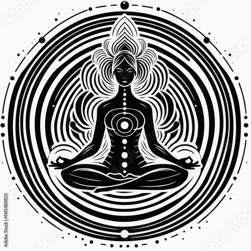 Meditative figure with energy centers in a swirling pattern