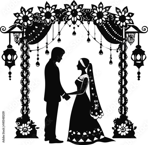 Elegant Black and White Wedding Couple Under Floral Arch