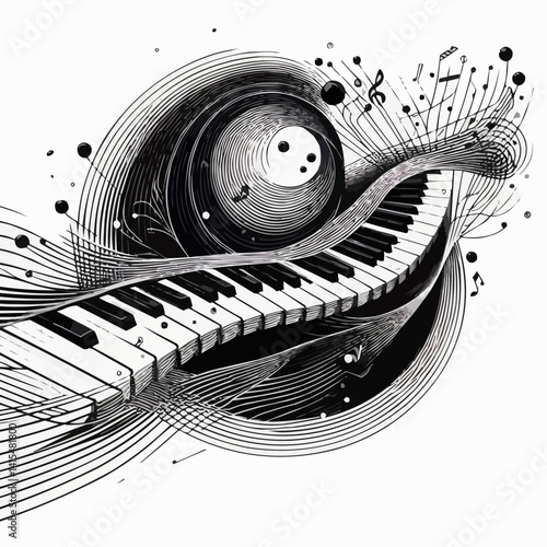 Abstract musical composition with piano keys and swirling notes