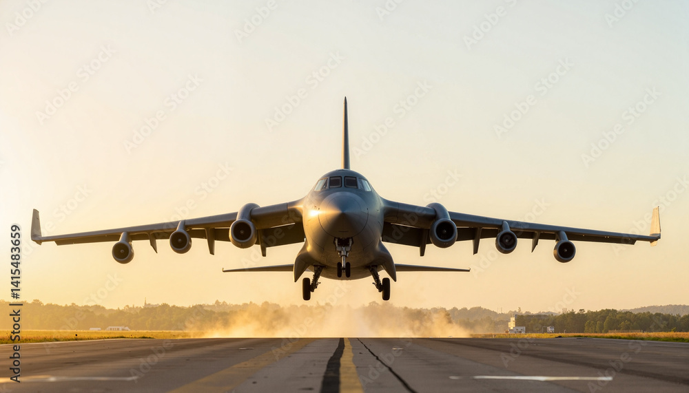 Naklejka premium Airplane taking off at sunset over the runway 