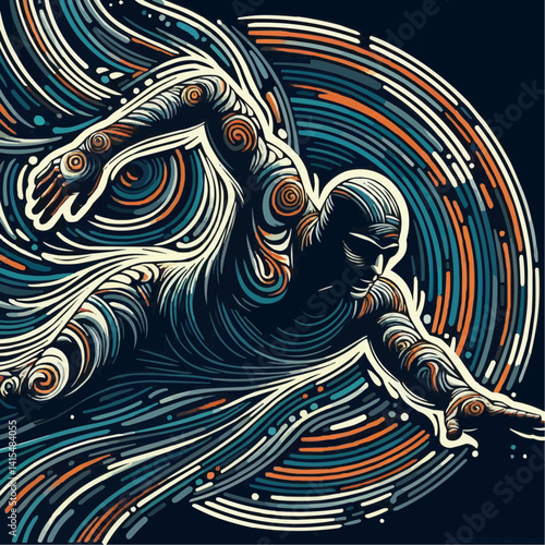 Vibrant abstract illustration of a swimmer gliding through colorful swirling water