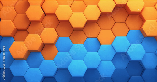 Create a vector illustration of a 3D hexagonal pattern composed of orange and blue hexagons. The hexagons are arranged in a gradient-like transition from orange at the top right to various shades of 