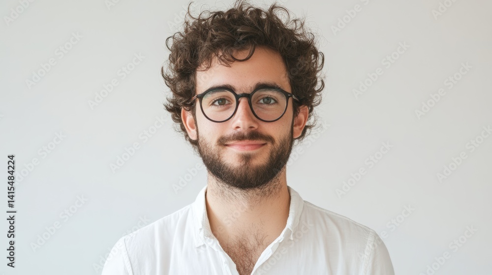 Obraz premium Young Man Smiling With Curly Hair and Round Glasses, Bright Background