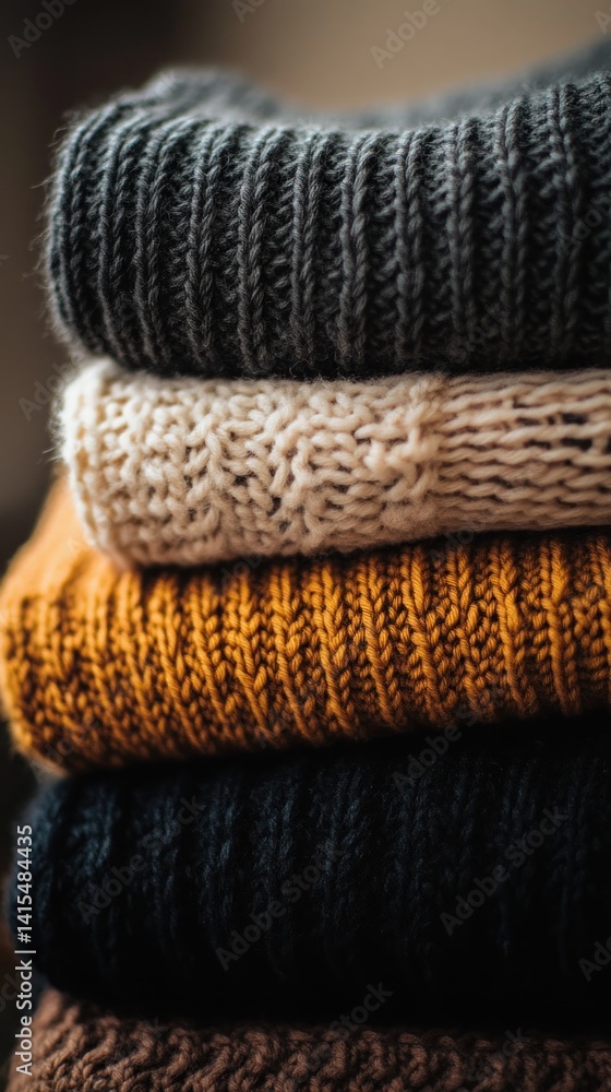 cozy stack of knitted sweaters in brown, gray, white, and orange concept of warmth and comfort cozy stack of knitted sweaters in brown, gray, white, and orange concept of warmth and comfort