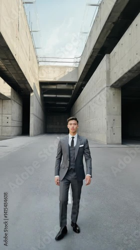 Wallpaper Mural Young adult walks confidently through industrial cityscape in modern grey suit with waistcoat and tie, showcasing urban professionalism and success. Torontodigital.ca