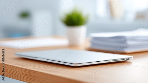 empty modern office desk with clean lines featuring tidy arrangement of documents closed laptop and neutral background