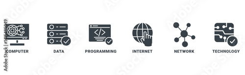 Information Technology banner web icon vector illustration concept with icon of computer, data, programming, internet, network, technology 