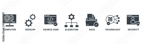 Programming banner web icon vector illustration concept with icon of computer, develop, source code, algorithm, data, technology, security 