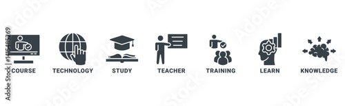 Online Education banner web icon vector illustration concept with icon of course, technology, study, teacher, training, learn, knowledge 