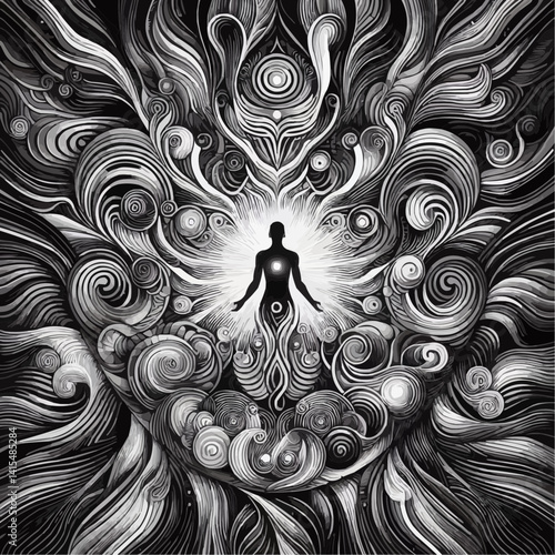 Abstract illustration of a figure surrounded by swirling patterns and radiant energy
