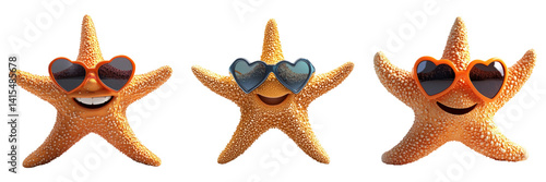 Starfish characters in orange with sunglasses isolated on transparent PNG image perfect for beach party designs or kids’ media