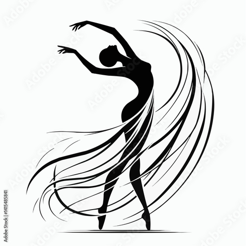 Elegant silhouette of a dancer with flowing hair and dress in an expressive pose
