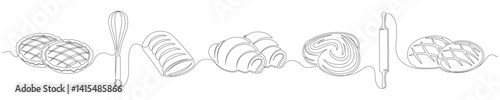 Bakery continuous one line drawing set isolated on a white background. Horizontal banner.  Whisk, rolling pin elements. Outline bakery collections. Vector illustration