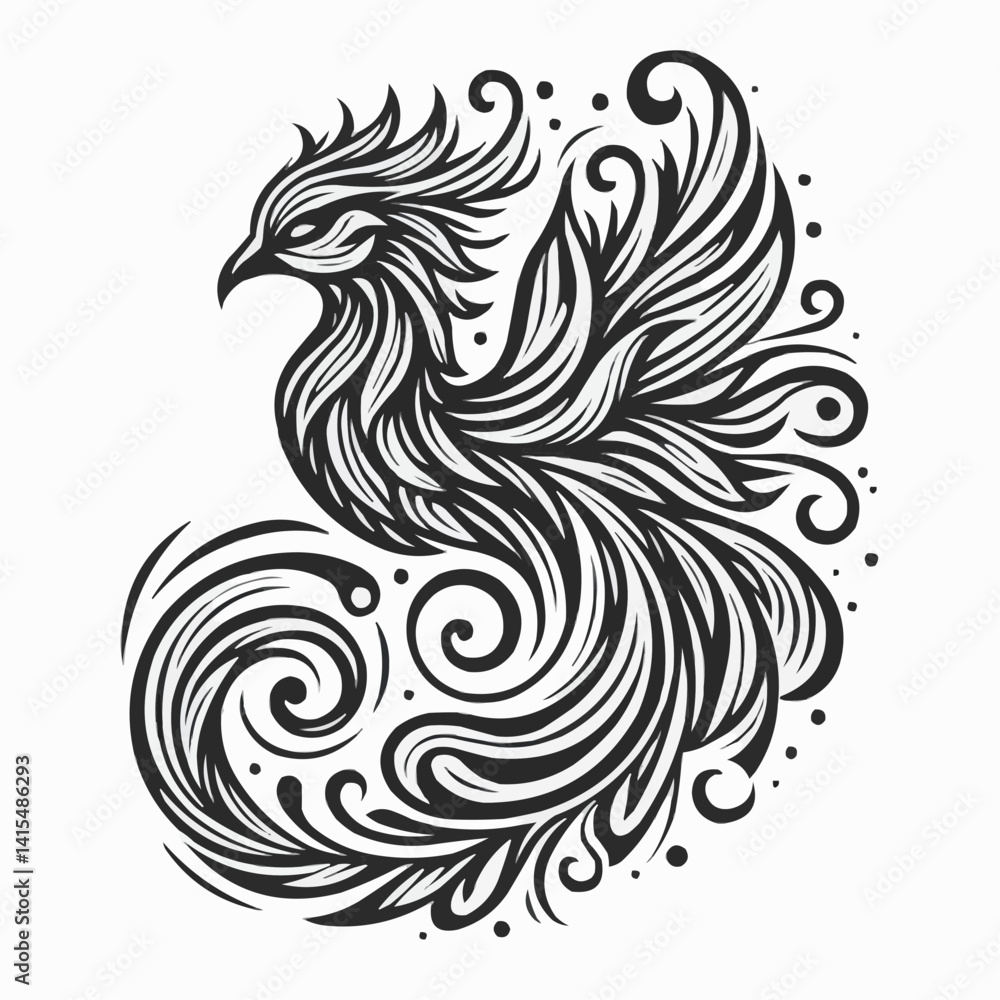 Obraz premium Stylized phoenix illustration with intricate feathers and swirling patterns in black and white