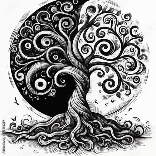 Yin Yang tree of life illustration featuring twisted roots and swirling branches in black and white