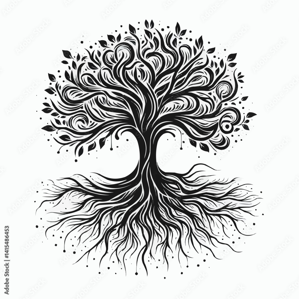 Obraz premium Intricate tree illustration with swirling branches, lush leaves, and complex roots in black and white