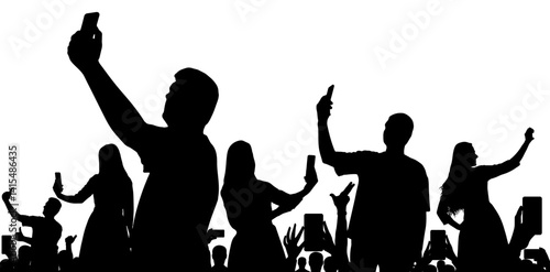 Silhouette of crowd of people taking selfie photo on phone. Vector illustration