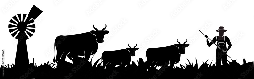 silhouette of a Farm Cows with Farmer and Windmill vector graphic design