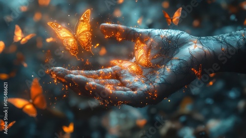 Fiery hand releasing golden butterflies in a mystical scene