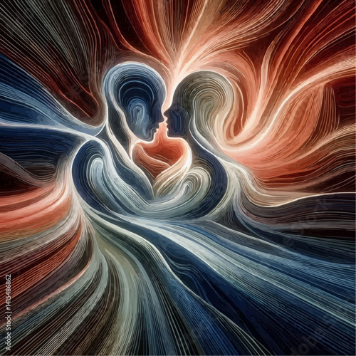 Abstract depiction of two human figures embracing with flowing lines and vibrant colors

