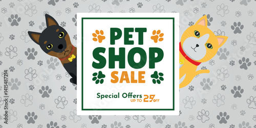 Pet Shop Sale AD - Illustrations of Doberman Dog and Orange Cat Behind the Green, Orange and White Logo. Special Offers up to 25% off, Footprints Background.
