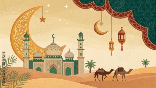 Wallpaper Mural illustration in a traditional Middle Eastern style, depicting a festive Eid-ul-adha Mubarak celebration. Eid Mubarak Torontodigital.ca