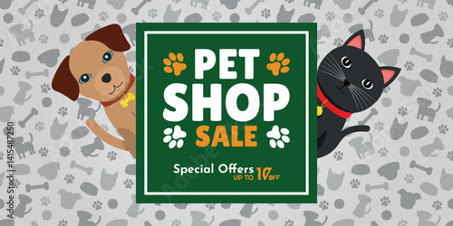 Pet Shop Sale AD - Illustrations of Brown Dog and Black Cat Behind the White Orange and Green Logo. Special Offers up to 10% off, Pet Background.