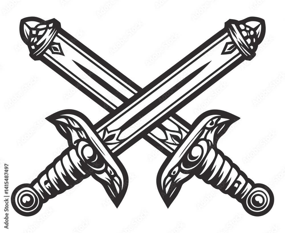 Elaborate swords crossed, symbolizing medieval warfare, knightly combat, clash of steel in historical battles in monochrome graphic style. Elaborate swords crossed, symbolizing medieval warfare, knightly combat, clash of steel in historical battles in monochrome graphic style.